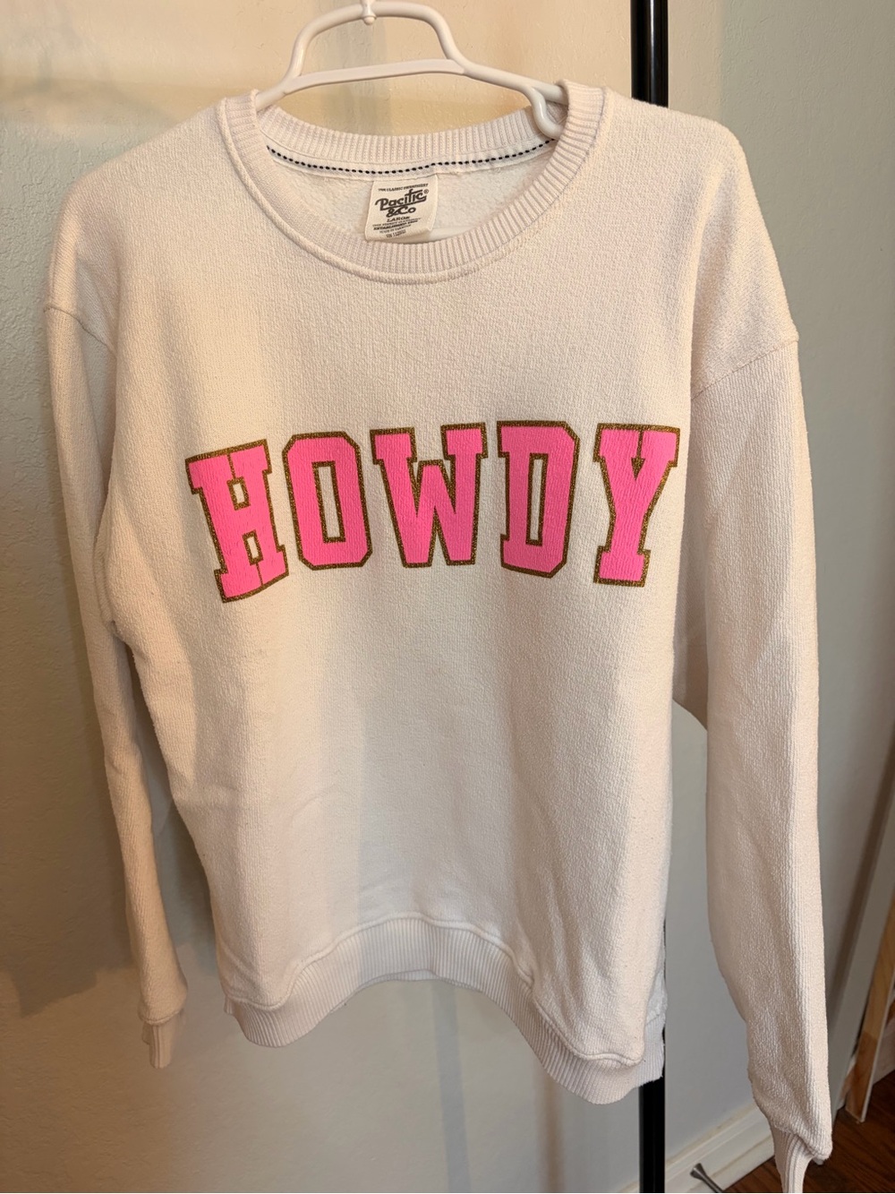 CO White Crewneck Sweater with Pink "HOWDY" Lettering